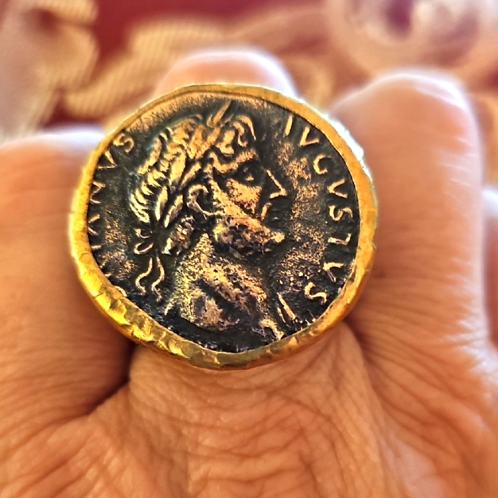 Vintage Runway Gold Tone Greek Coin Ring